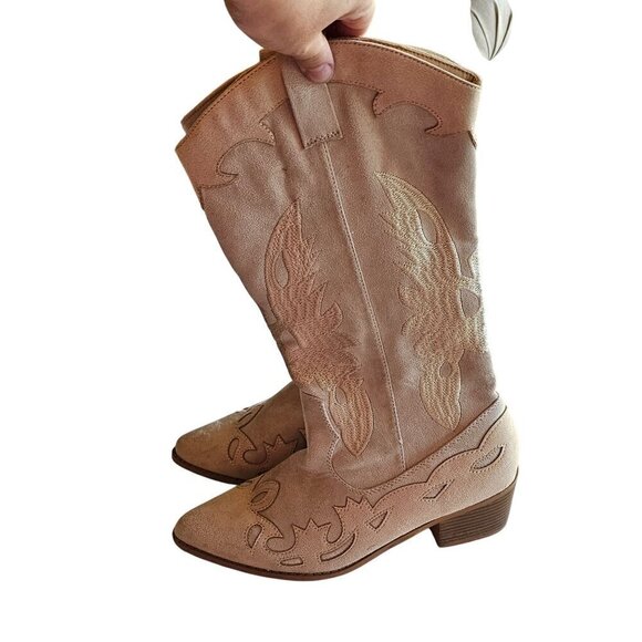 Vintage Western Cowboy Style Beige Embroidered Suede Boots With Low Block Heel F - Picture 4 of 15